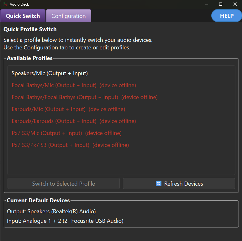 Audio Deck Quick Switch tab: a list of saved profiles with offline devices marked, and the current default output and input devices shown below.