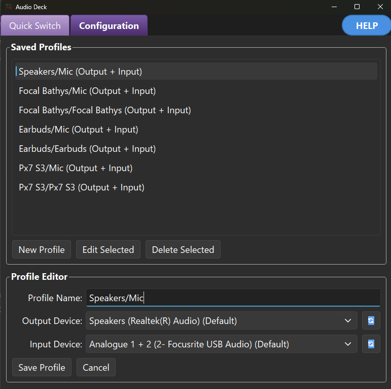 Audio Deck Configuration tab: the saved-profiles list with New, Edit and Delete buttons above a profile editor showing profile name, output device and input device dropdowns.