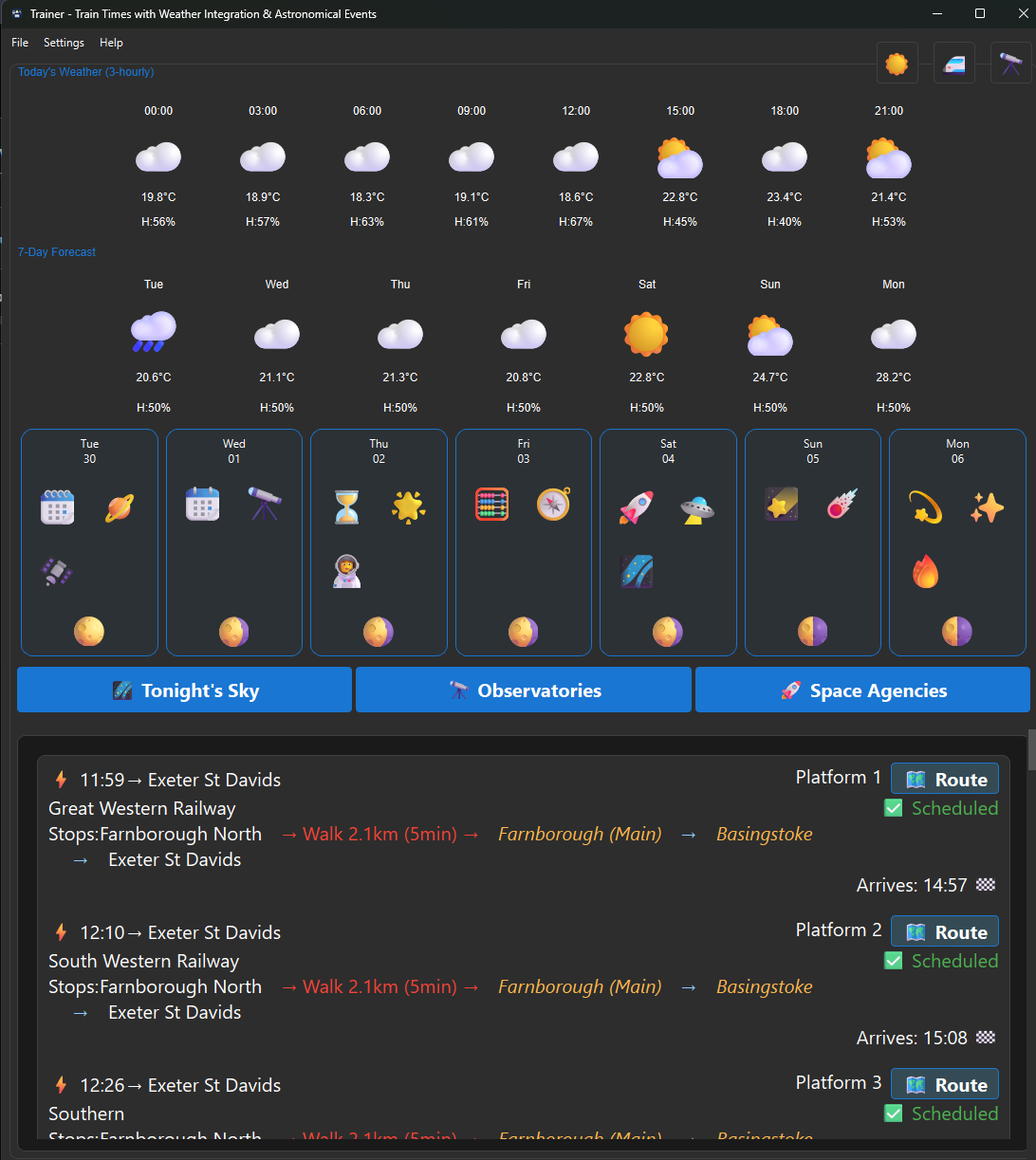 Trainer main window: 3-hourly and 7-day weather, astronomy events, and live train departures