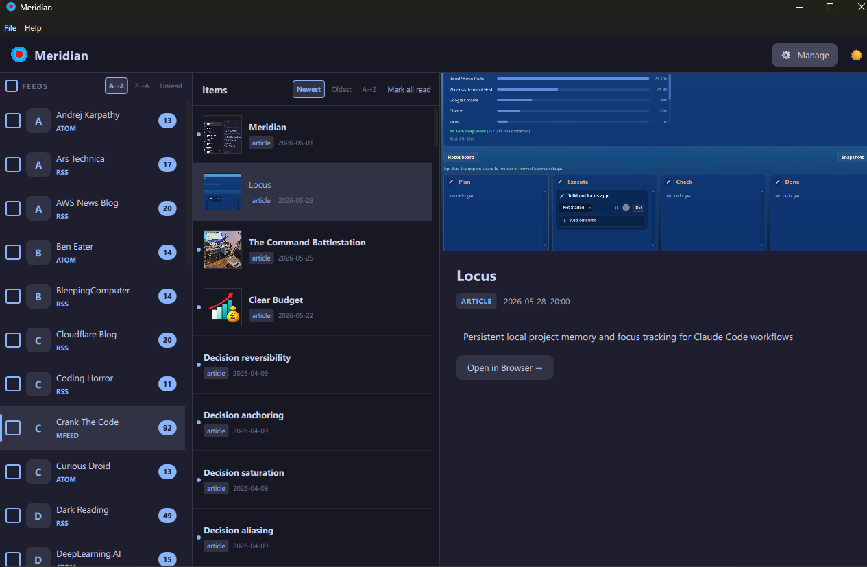 Meridian feed reader - main window showing feed list, item list, and article detail pane