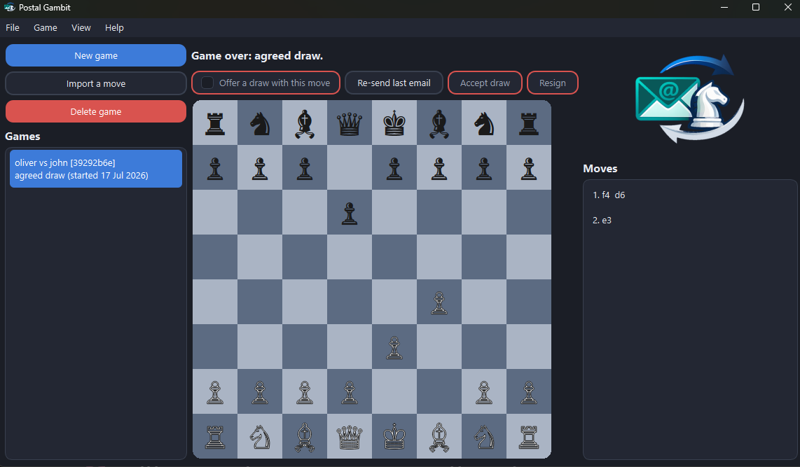 Postal Gambit in the dark theme: the game list on the left, the board mid-game with White's f4 played, the move history and app badge on the right.